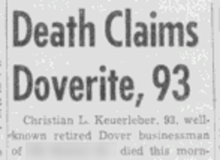 Report of Christian Keuerleber's death in the Dover newspaper, July 1957. (Source: newspaperarchive.com)