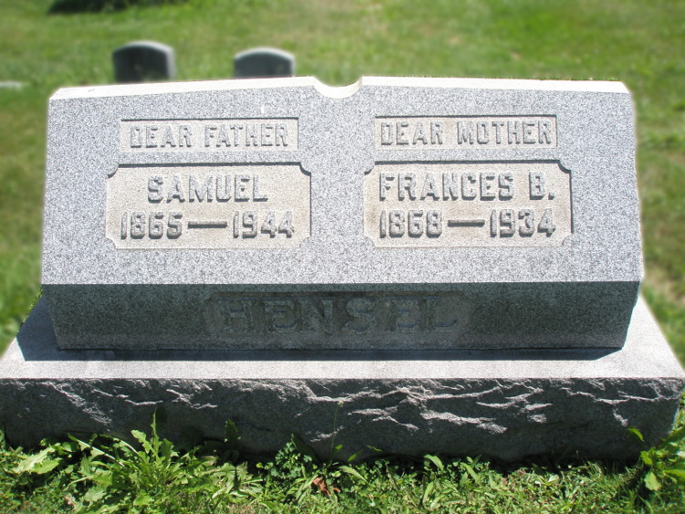 Samuel and Frances Hensel's headstone in East Avenue Cemetery, New Philadelphia, Ohio, 2014. (Source: findagrave.com)
