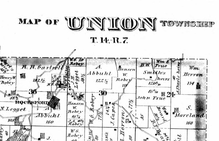 The area of Union Township, Tuscarawas County shown in the 1875 Atlas of Tuscarawas County where the Roby family settled in the early 1800s. (Source: ancestry.com)