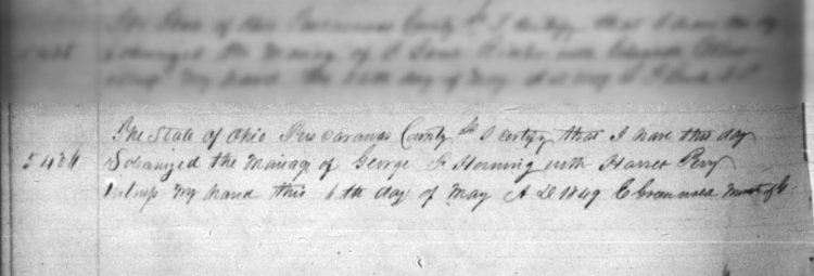 Marriage record of George Horning and Harriet Perry, Tuscarawas County, May 1849. (Source: familysearch.org)