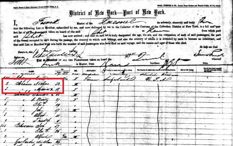 Nicholas and Maria Brown's arrival in the United States in June 1863. (Source: ancestry.com)
