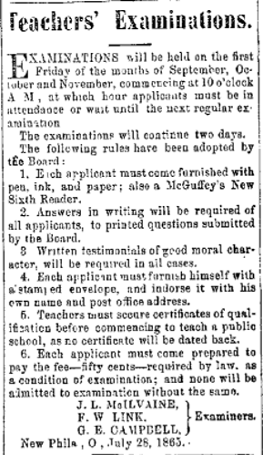 Teacher examination announcement in the New Philadelphia newspaper listing George Campbell as one of the examiners, December 1865. (Source: newspaperarchive.com)
