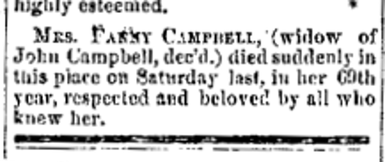 George Campbell's mother's death reported in the New Philadelphia newspaper a year after the death of his father, October 1868. (Source: newspaperarchive.org)