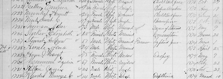 Andrew Stewart's death recorded in the county records, March 1874. (Source: familysearch.org)