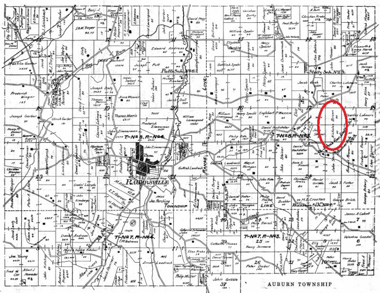 The location of Nicholas Brown's property east of Ragersville in Auburn Township, 1908. (Source: ancestry.com)