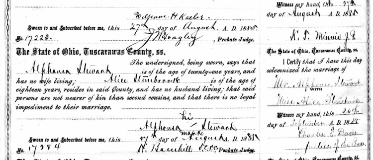 Alfonso Stewart and Alice Stonebrook's marriage recorded in the Tuscarawas County records, August 1885. (Source: familysearch.org)