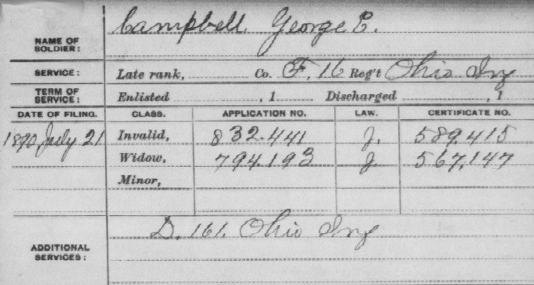 George Campbell's military service during the Civil War recorded on one of his later pension documents. (Source: fold3.com)
