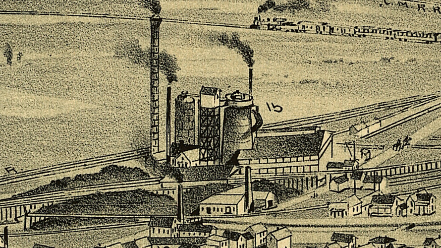 The Penn Iron and Coal Company as depicted on a 1899 perspective map of Dover, Ohio. (Source: loc.gov)