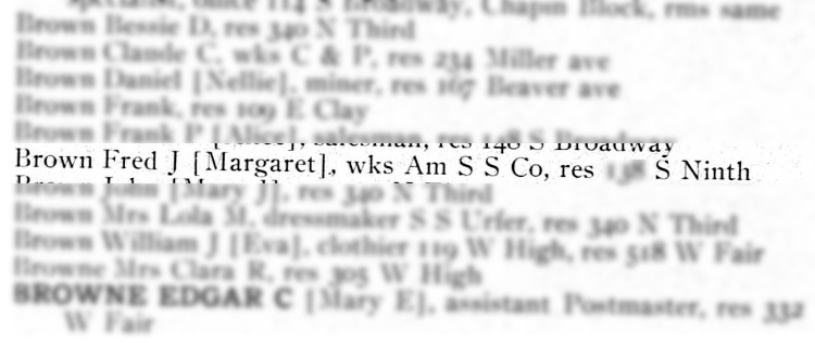 The Brown family recorded in the 1903 New Philadelphia City Directory. They were living just up the street from the home on Front Street at the time. (Source: ancestry.com)