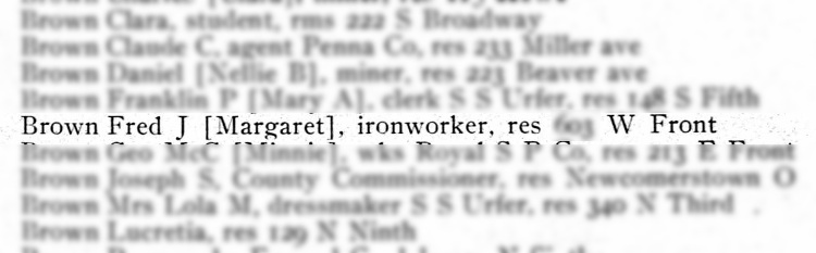 The Brown family recorded in the 1907 New Philadelphia City Directory now living in the home on Front Street. (Source: ancestry.com)