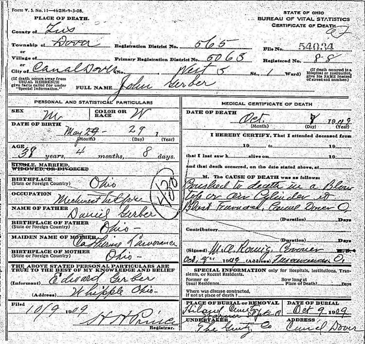 Death certificate of John Gerber, October 1909. (Source: familysearch.org)