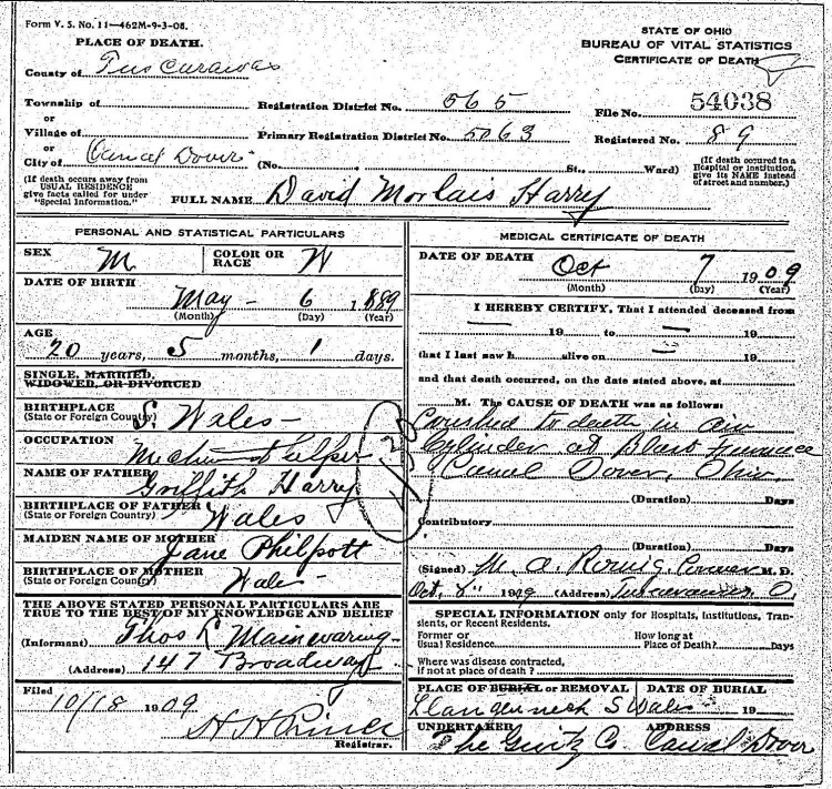 Death certificate of David Harrys, October 1909. (Source: familysearch.org)