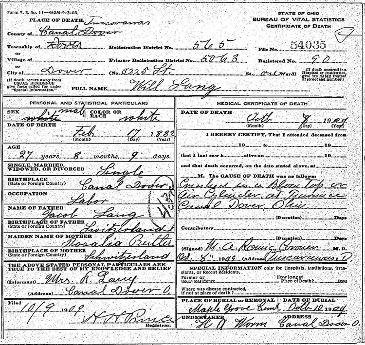 Death certificate of William Lang, October 1909. (Source: familysearch.org)