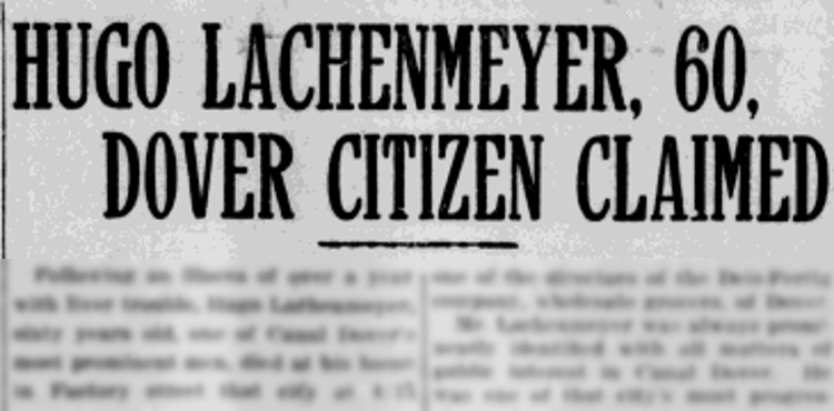 Hugo Lachenmeyer's death reported in the local newspaper, January 1915. (Source: newspaperarchive.com)