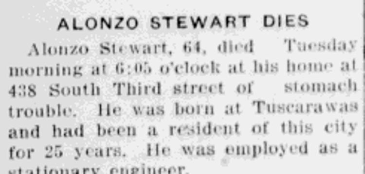 Alfonso Stewart's death reported in the local newspaper, using the incorrect first name Alonzo, May 1916. (Source: newspaperarchive.com)