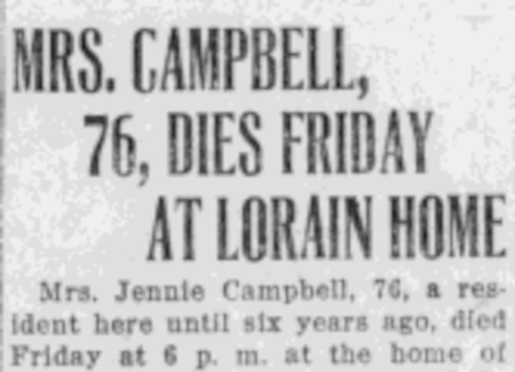 Jennie Campbell's death reported in the New Philadelphia newspaper, May 1923. (Source: newspaperarchive.com)