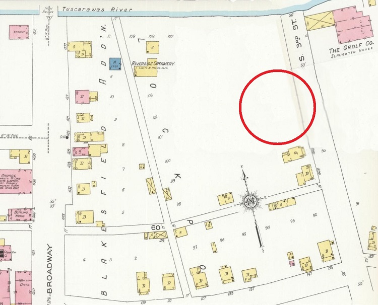 A composite of two 1926 Sanborne Fire Insurance Maps giving the general location of the Stewart home on South 3rd Street on the southside of New Philadelphia, Ohio. (Source: loc.gov)