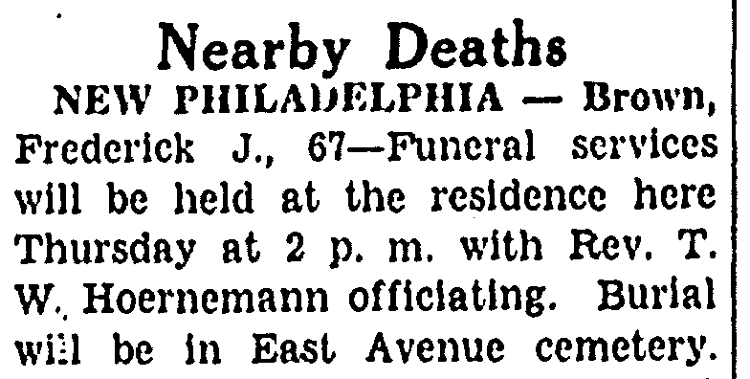 Fred J. Brown's death reported in the Canton newspaper, July 1932. (Source: genealogybank.com)
