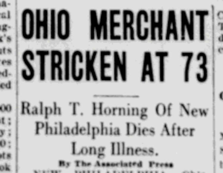 Ralph T. Horning's death reported in the Portsmouth, Ohio newspaper, September 1933. (Source: newspaperarchive.org)