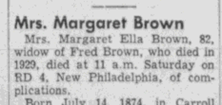 Margaret Brown's death reported in the Dover newspaper, April 1957. (Source: newspaperarchive.com)