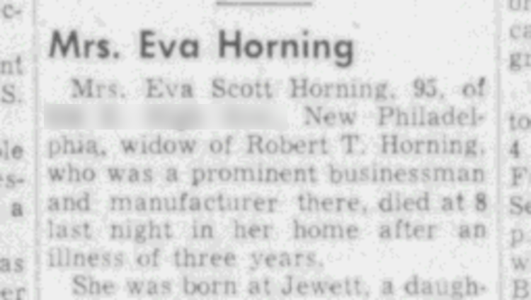 Eva Horning's death reported in the Dover, Ohio newspaper, July 1959. (Source: newspaperarchive.org)