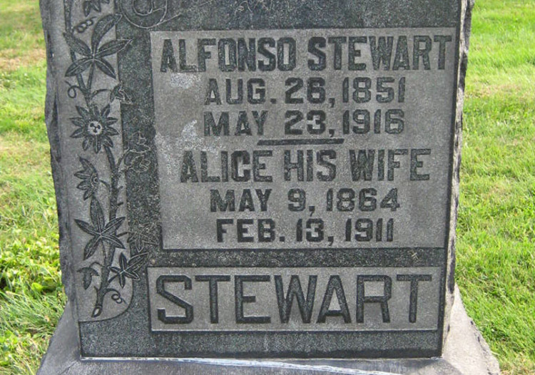 Alfonso and Alice Stewart's headstone in East Avenue Cemetery, New Philadelphia, Ohio, 2011. (Source: findagrave.com)