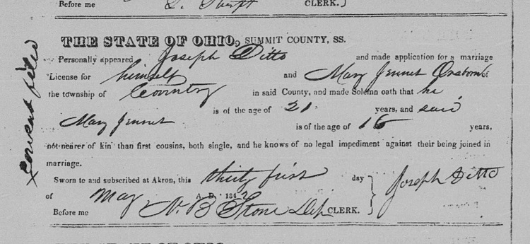 Marriage of Joseph Ditto and Mary Osborne recorded in the Summit County, Ohio records, May 1842. (Source: familysearch.org)