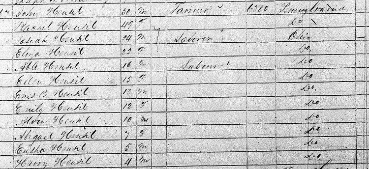 The John Hensel family recorded in the 1850 census for York Township, Tuscarawas County. (Source: familysearch.org)