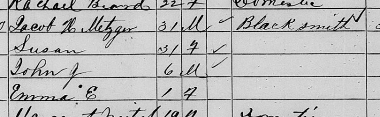 Jacob and Susan Metzger and family recorded in the 1860 census for Stark County. (Source: familysearch.org)