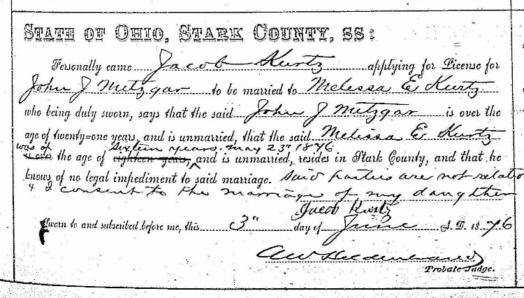 The marriage of John Metzger and Melissa Kuntz, June 1876. (Source: familysearch.org)