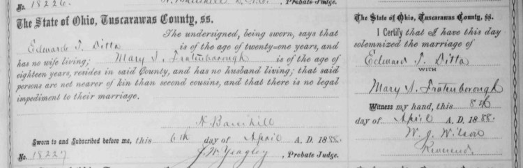 Edward Ditto and Mary Freatenbrough's marriage recorded in the Tuscarawas County records, April 1888. (Source: familysearch.org)