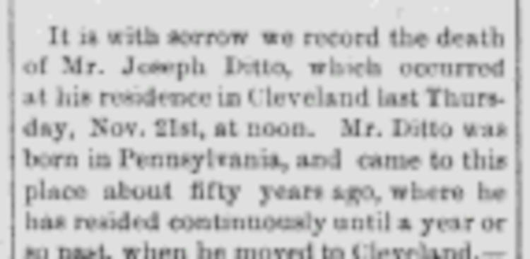 Joseph Ditto's death reported in the New Philadelphia, Ohio newspaper, November 1889. (Source: newspaperarchive.com)