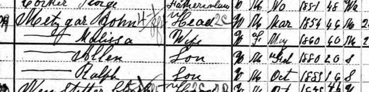 John and Melissa Metzger and family, including Ralph Metzger, recorded in the 1900 census. (Source: familysearch.org)