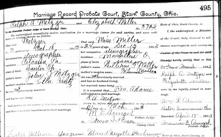 The marriage of Ralph Metzger and Elizabeth Miller recorded in Stark County, Ohio, March 1903. (Source: familysearch.org)