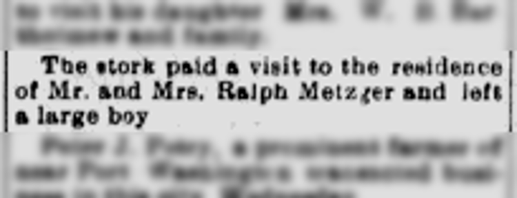 Notice of the birth of the Metzger's son in the New Philadelphia, Ohio newspaper, June 1907. (Source: newspaperarchive.com)