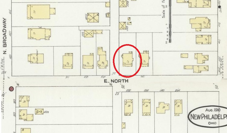 The Metzger House on the 1910 Sanborne Fire Insurance Map for New Philadelphia, Ohio. (Source: loc.gov)