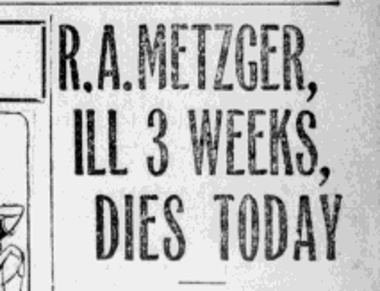 Ralph Metzger's death reported in the New Philadelphia, Ohio newspaper, March 1924, (Source: newspaperarchive.com)
