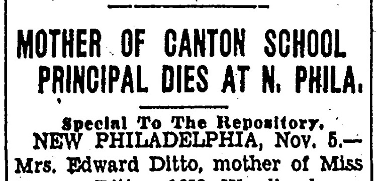 Mary Ditto's obituary in the Canton, Ohio newspaper, November 1934. (Source: newspaperarchive.org)