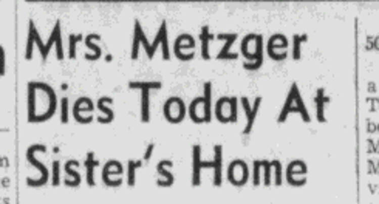 Elizabeth Metzger's death reported in the Dover, Ohio newspaper, April 1957, (Source: newspaperarchive.com)