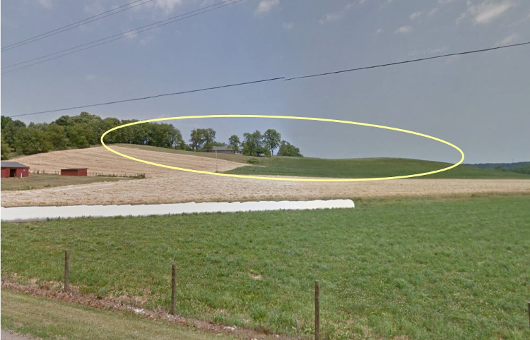 The ridgeline where the skeletons were found (in yellow) as seen from Hummel Valley Road looking northeast, 2012. (Source: google.com)