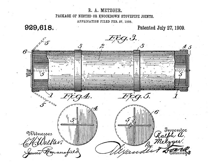 Ralph Metzger's patent for stovepipe joints, 1909. (Source: google.com)