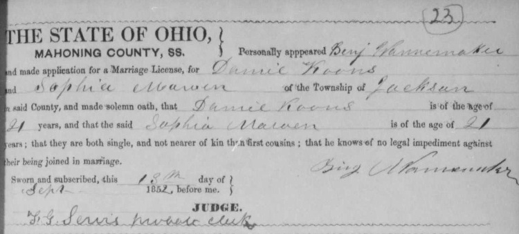 The marriage of Daniel Koons and Sophia Mawen recorded in the Mahoning County, Ohio records, September 1852.