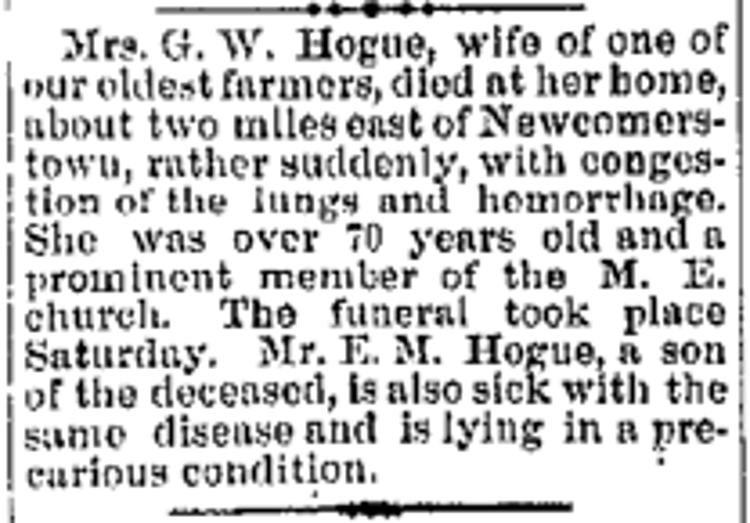 Martha Hogue's death reported in the New Philadelphia, Ohio newspaper, February 1888. (Source: newspaperarchive.com)