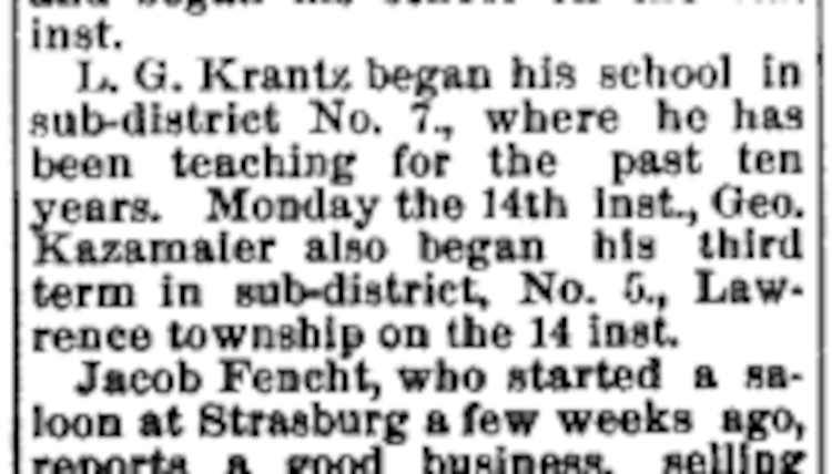 George W. Kazmaier mentioned as a teacher in Lawrence Township, Tuscarawas County, Ohio, October 1890. (Source: newspaperarchive,com)