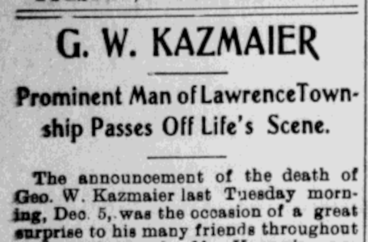 George Kazmaier's obituary in the New Philadelphia, Ohio newspaper, December 1905. (Source: newspaperarchive.com)