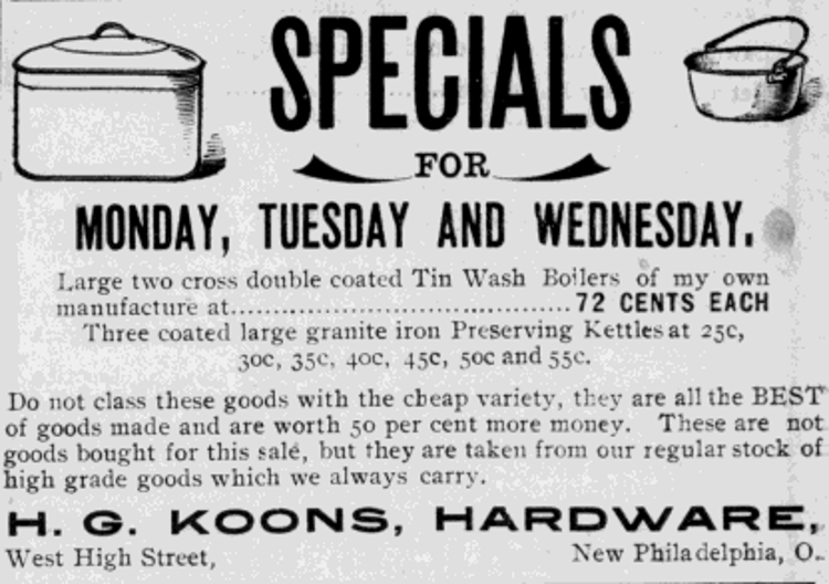 An advertisement for Harry G. Koons' hardware store from the New Philadelphia, Ohio newspaper, June 1906. (Source: newspaperarchive.com)