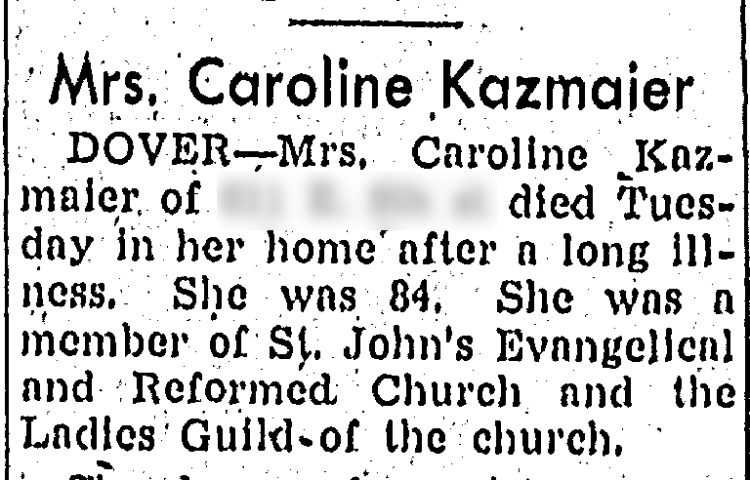 Caroline Kazmaier's obituary in the Canton, Ohio newspaper, December 1946. (Source: genealogybank.com)