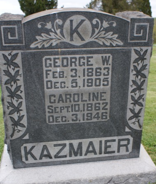 George and Caroline Kazmaier's headstone in Grandview Union Cemetery in Strasburg, Ohio, 2012. (Source: findagrave.com)