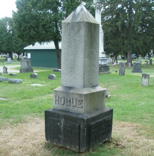 The Hogue family's marker in East State Street Cemetery, Newcomerstown, Ohio, 2016. (Source: findagrave.com)