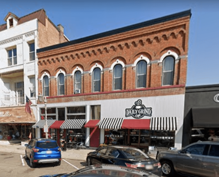 The location of the Harry G. Koons hardware store, tin shop and slating business on the first block of West High Street, New Philadelphia, Ohio, 2023. (Source: google.com)